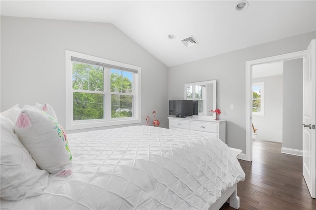 36 Wanda St, Narragansett, RI 02882 - bedroom with dark wood-style flooring, multiple windows, vaulted ceiling, baseboards, and recessed lighting