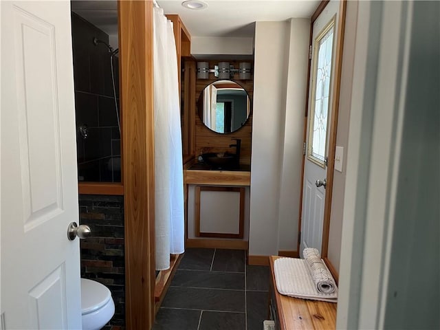 12 Mautucket Rd, South Kingstown, RI 02879 - bathroom with toilet, tile patterned floors, vanity, and a shower with shower curtain