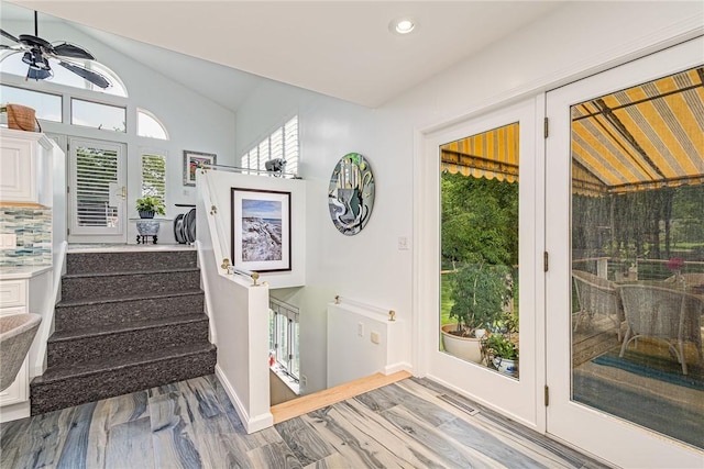 48 Wright Ln, Jamestown, RI 02835 - foyer with vaulted ceiling, light wood-style flooring, ceiling fan, recessed lighting, and stairway