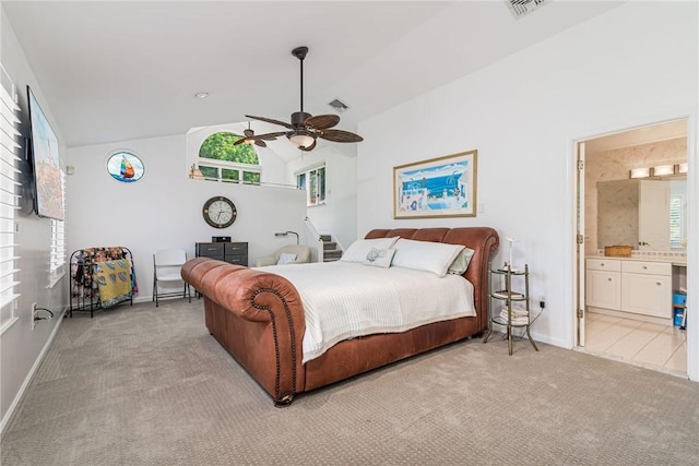 48 Wright Ln, Jamestown, RI 02835 - bedroom featuring light carpet, vaulted ceiling, baseboards, connected bathroom, and ceiling fan