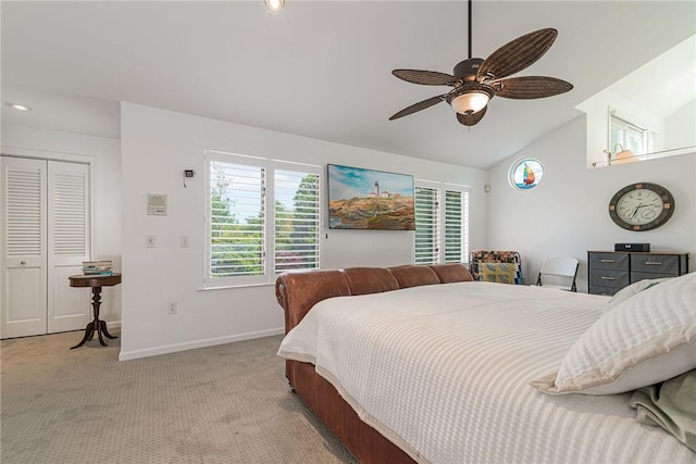 48 Wright Ln, Jamestown, RI 02835 - bedroom featuring light colored carpet, vaulted ceiling, baseboards, multiple windows, and a ceiling fan
