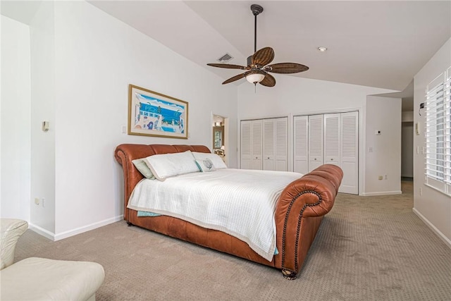 48 Wright Ln, Jamestown, RI 02835 - carpeted bedroom featuring two closets, lofted ceiling, baseboards, and ceiling fan