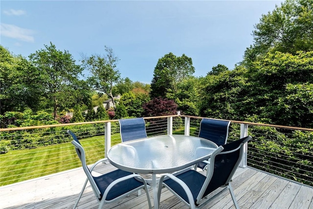 48 Wright Ln, Jamestown, RI 02835 - wooden terrace featuring outdoor dining area and a yard