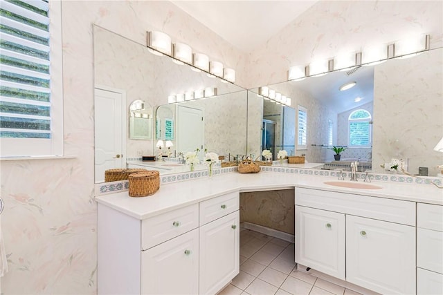 48 Wright Ln, Jamestown, RI 02835 - bathroom with tile patterned flooring, vaulted ceiling, vanity, and an enclosed shower