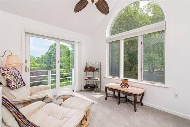 48 Wright Ln, Jamestown, RI 02835 - living area featuring ceiling fan, carpet flooring, lofted ceiling, and baseboards