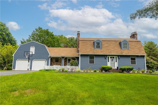 850 Black Plain Rd, North Smithfield, RI 02896 - colonial inspired home featuring a chimney, a gambrel roof, a garage, a front lawn, and asphalt driveway