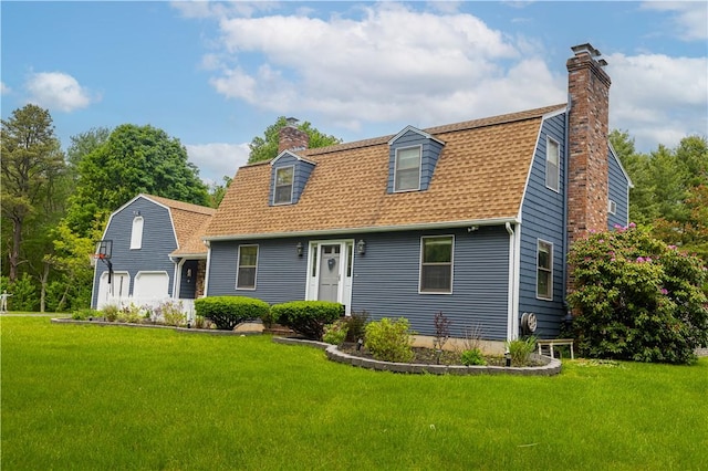850 Black Plain Rd, North Smithfield, RI 02896 - dutch colonial featuring a chimney, a front yard, a gambrel roof, and a shingled roof
