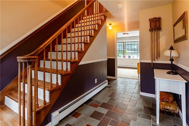 850 Black Plain Rd, North Smithfield, RI 02896 - stairs with a baseboard heating unit, stone tile flooring, a baseboard radiator, and baseboards