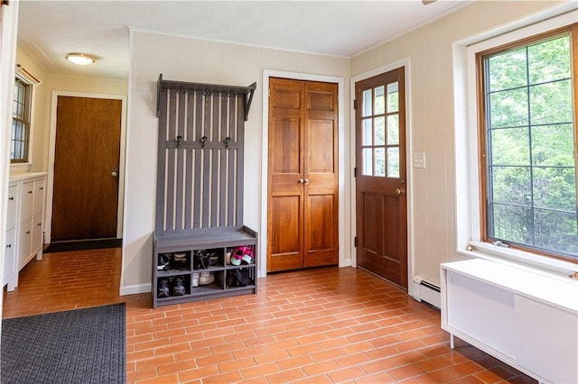 850 Black Plain Rd, North Smithfield, RI 02896 - mudroom featuring a baseboard radiator and crown molding
