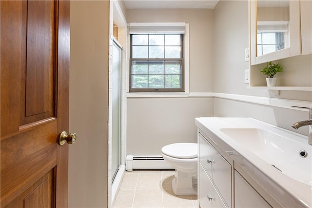 850 Black Plain Rd, North Smithfield, RI 02896 - full bathroom featuring a baseboard heating unit, toilet, vanity, a shower stall, and tile patterned floors