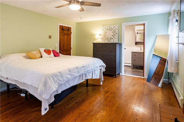 850 Black Plain Rd, North Smithfield, RI 02896 - bedroom featuring a baseboard radiator, wood finished floors, ceiling fan, and connected bathroom