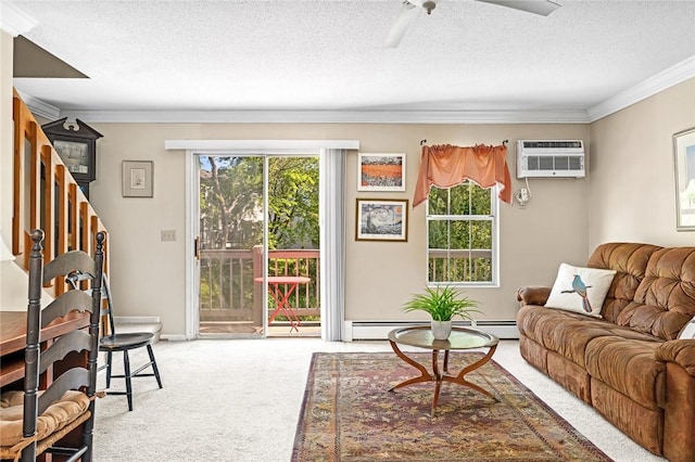 565 Quaker Ln Unit 43, West Warwick, RI 02893 - living area featuring carpet, ornamental molding, a wall mounted air conditioner, ceiling fan, and a textured ceiling