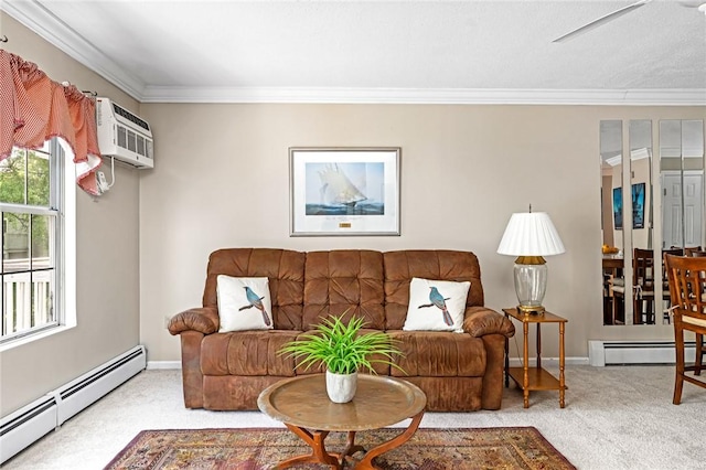 565 Quaker Ln Unit 43, West Warwick, RI 02893 - carpeted living room featuring a baseboard radiator, ornamental molding, a wall mounted AC, and baseboards
