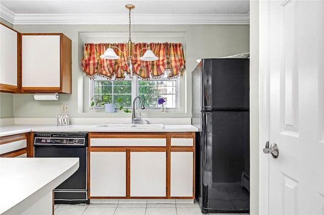 565 Quaker Ln Unit 43, West Warwick, RI 02893 - kitchen with black appliances, a sink, crown molding, light countertops, and a chandelier