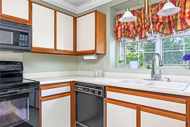 565 Quaker Ln Unit 43, West Warwick, RI 02893 - kitchen with black appliances, a sink, light countertops, plenty of natural light, and ornamental molding