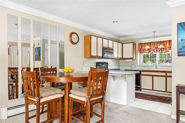565 Quaker Ln Unit 43, West Warwick, RI 02893 - kitchen with stainless steel microwave, electric stove, light countertops, ornamental molding, and light colored carpet