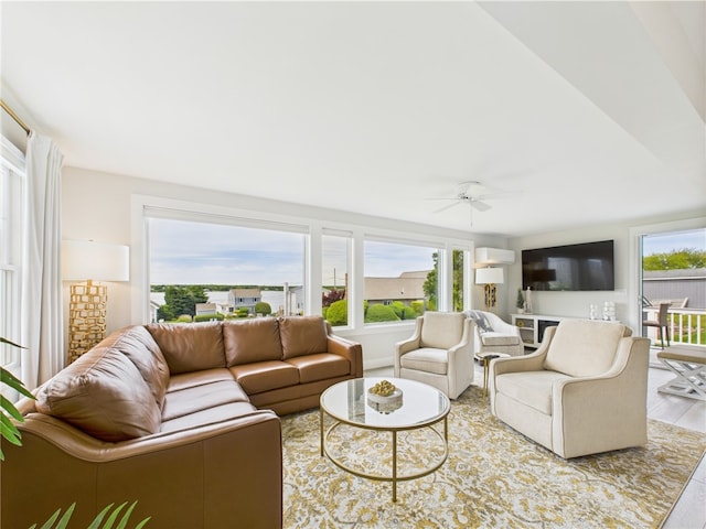 6 Dolphin Rd, Narragansett, RI 02882 - living area featuring wood finished floors, a ceiling fan, and a wall mounted AC