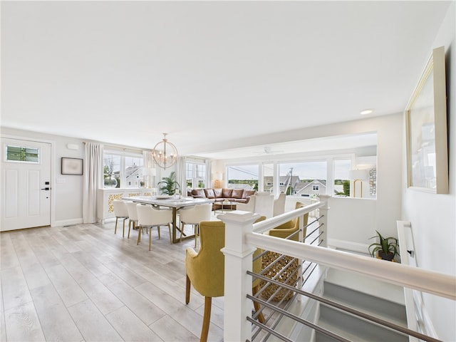 6 Dolphin Rd, Narragansett, RI 02882 - interior space with a chandelier, light wood-style floors, an upstairs landing, baseboards, and recessed lighting