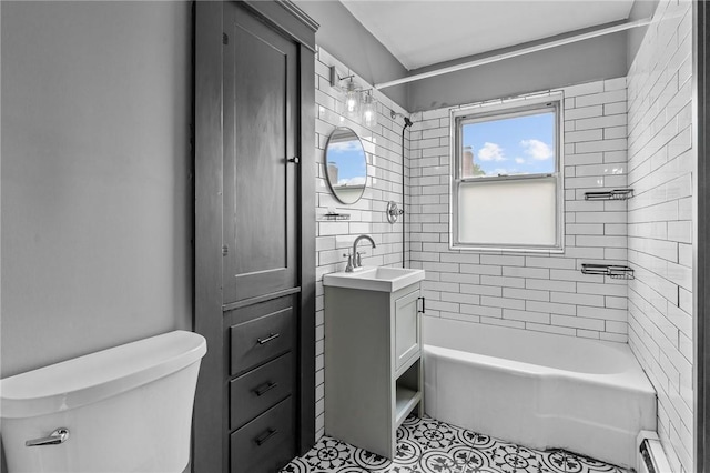 99 Third St, West Warwick, RI 02893 - full bathroom featuring vanity, toilet, shower / bathtub combination, a baseboard heating unit, and tile patterned flooring