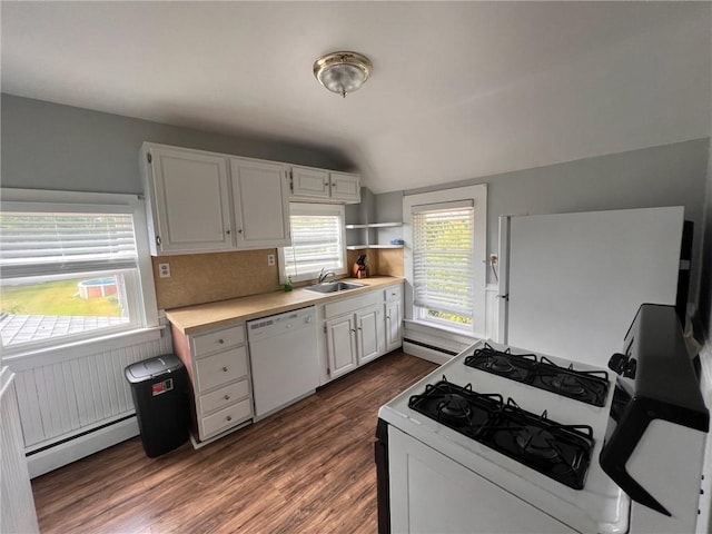 3506 Kingstown Rd, South Kingstown, RI 02892 - kitchen featuring white appliances, baseboard heating, white cabinetry, light countertops, and dark wood finished floors