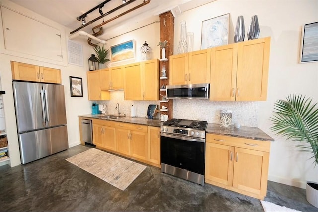 28 Bayley St N Unit 107, Pawtucket, RI 02860 - kitchen featuring stainless steel appliances, light brown cabinets, finished concrete flooring, and a high ceiling