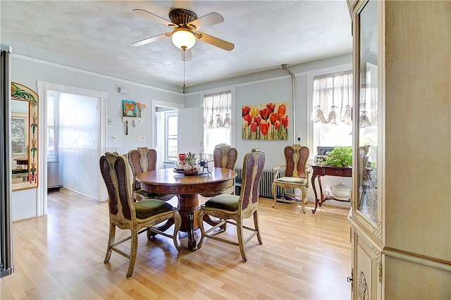 93 Naples Ave, Providence, RI 02908 - dining area featuring a ceiling fan, light wood-style flooring, healthy amount of natural light, and radiator