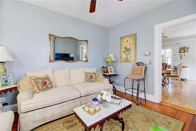 93 Naples Ave, Providence, RI 02908 - living room with hardwood / wood-style floors, a ceiling fan, and baseboards