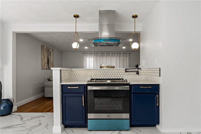 1300 Wallum Lake Rd, Burrillville, RI 02859 - kitchen with stainless steel electric range oven, blue cabinetry, island exhaust hood, and tasteful backsplash