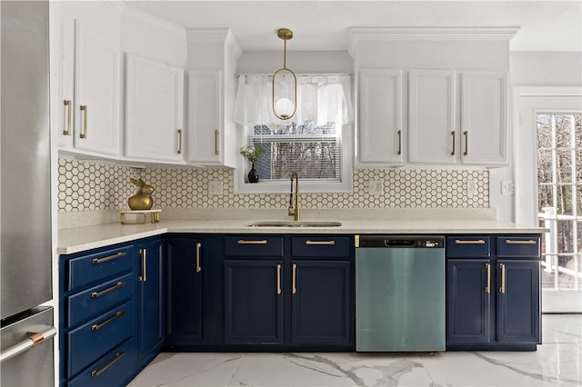 1300 Wallum Lake Rd, Burrillville, RI 02859 - kitchen with stainless steel appliances, a sink, blue cabinets, white cabinetry, and light countertops