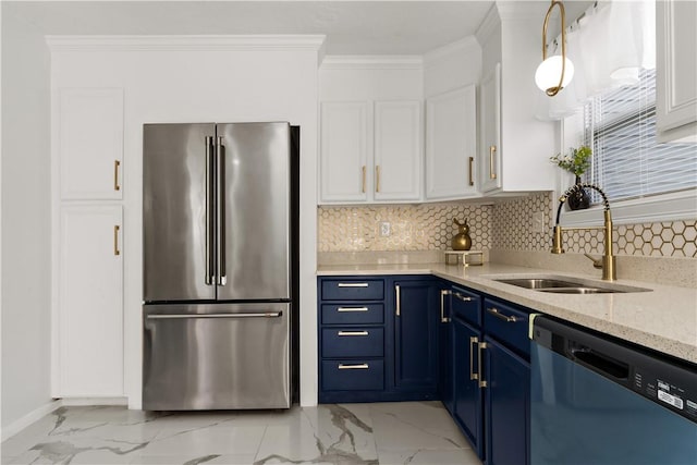 1300 Wallum Lake Rd, Burrillville, RI 02859 - kitchen featuring freestanding refrigerator, dishwasher, a sink, light marble finish floors, and crown molding