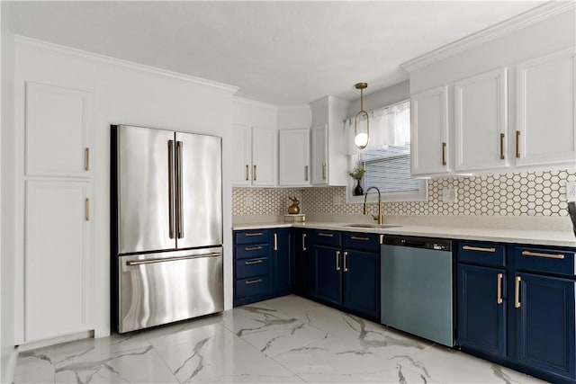 1300 Wallum Lake Rd, Burrillville, RI 02859 - kitchen with stainless steel refrigerator, dishwashing machine, a sink, blue cabinetry, and ornamental molding