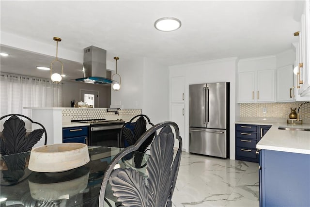 1300 Wallum Lake Rd, Burrillville, RI 02859 - kitchen featuring stainless steel appliances, blue cabinets, island exhaust hood, a sink, and tasteful backsplash