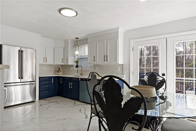 1300 Wallum Lake Rd, Burrillville, RI 02859 - kitchen with high end fridge, blue cabinetry, a sink, tasteful backsplash, and dishwashing machine