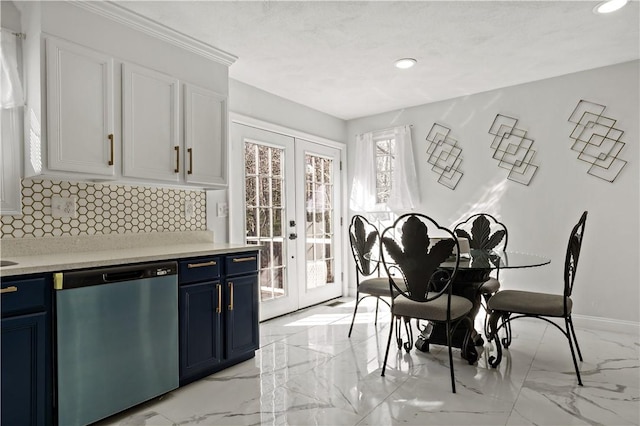 1300 Wallum Lake Rd, Burrillville, RI 02859 - kitchen featuring dishwasher, blue cabinets, french doors, light marble finish floors, and backsplash
