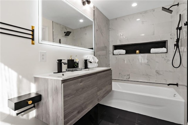 1300 Wallum Lake Rd, Burrillville, RI 02859 - bathroom with vanity, shower / tub combination, and recessed lighting