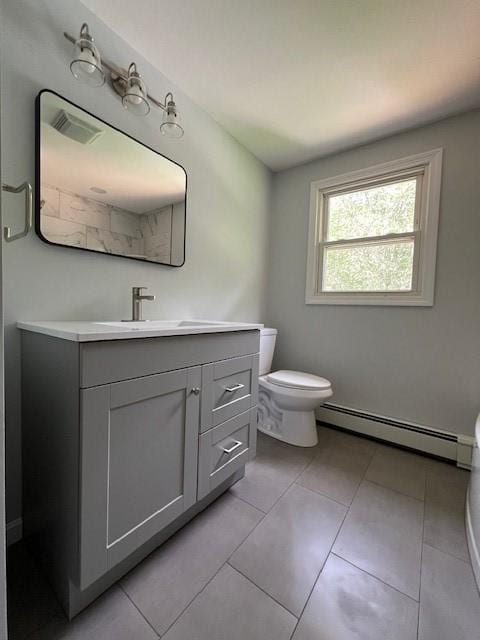 62 Lucille Dr, Woonsocket, RI 02895 - bathroom featuring baseboard heating, toilet, vanity, and tile patterned flooring