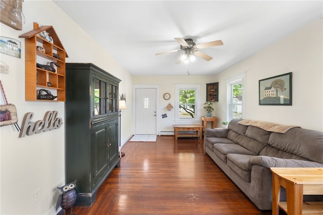 39 Camac St, Pawtucket, RI 02861 - living area featuring a ceiling fan, dark wood finished floors, and baseboards