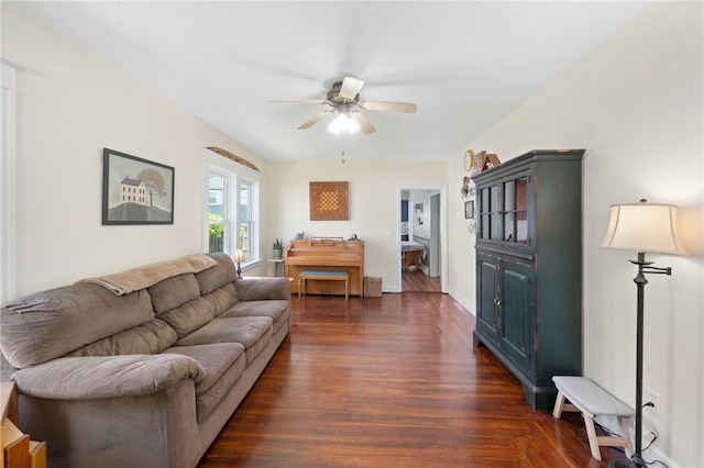 39 Camac St, Pawtucket, RI 02861 - living room featuring a ceiling fan and dark wood-style floors