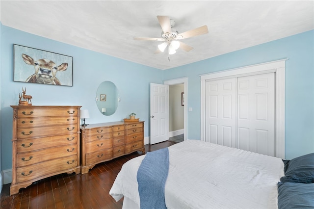 39 Camac St, Pawtucket, RI 02861 - bedroom with a closet, dark wood-style flooring, a ceiling fan, and baseboards