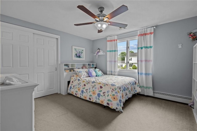 15 Womantam Ln, Cumberland, RI 02864 - bedroom featuring baseboard heating, carpet flooring, a closet, and a ceiling fan