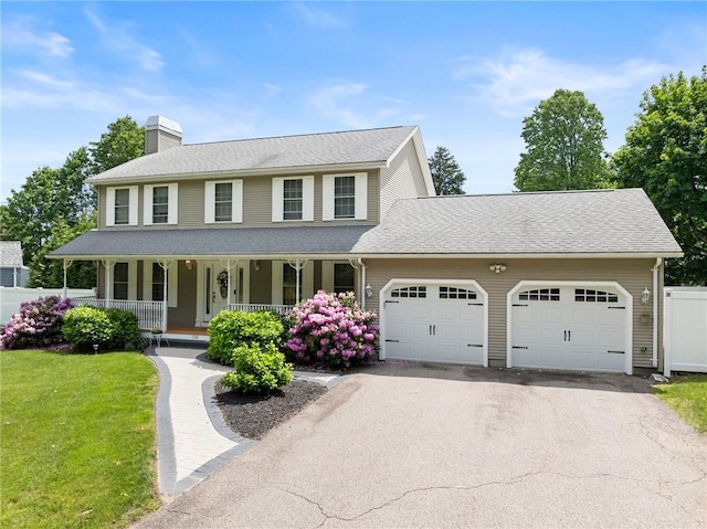 1710 Phenix Ave, Cranston, RI 02921 - view of front of property featuring an attached garage, a chimney, driveway, a porch, and a front lawn