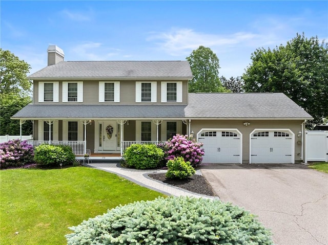 1710 Phenix Ave, Cranston, RI 02921 - view of front of house featuring a chimney, an attached garage, a front lawn, asphalt driveway, and a porch