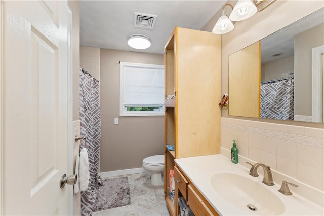 1710 Phenix Ave, Cranston, RI 02921 - bathroom featuring toilet, vanity, decorative backsplash, and a shower with shower curtain