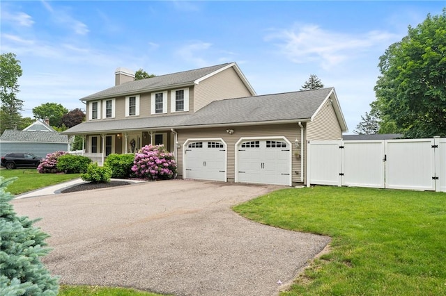 1710 Phenix Ave, Cranston, RI 02921 - view of front of home with a gate, an attached garage, asphalt driveway, a porch, and a chimney