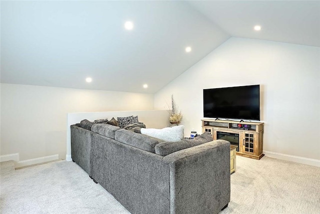 77 W Valley Cir Unit 77, West Warwick, RI 02893 - living area featuring light carpet, lofted ceiling, recessed lighting, and baseboards