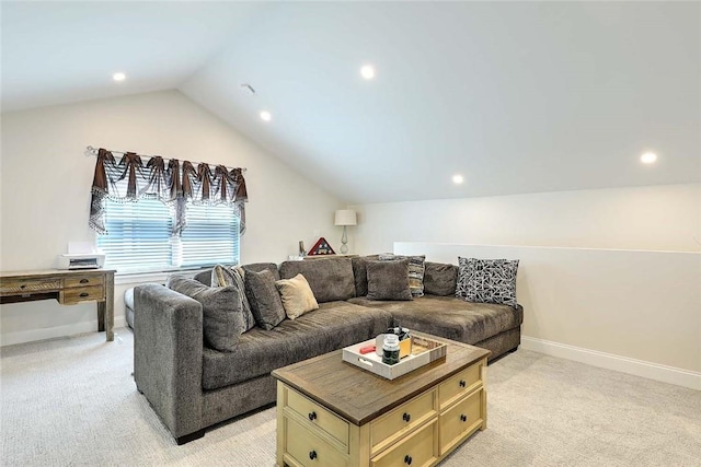77 W Valley Cir Unit 77, West Warwick, RI 02893 - living area with light carpet, lofted ceiling, recessed lighting, and baseboards