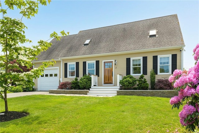7 Maloney Ln, Middletown, RI 02842 - new england style home with a garage, concrete driveway, a front lawn, and roof with shingles