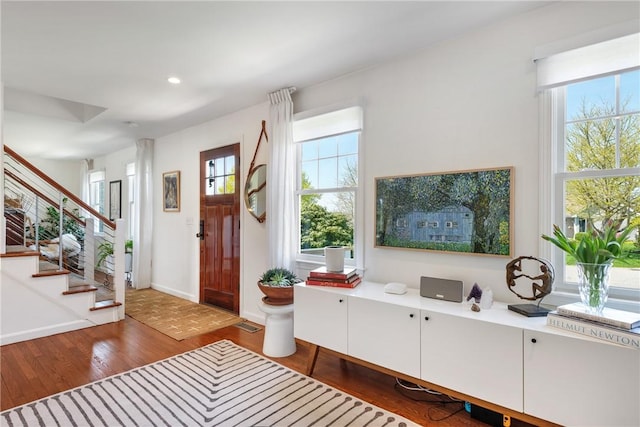 7 Maloney Ln, Middletown, RI 02842 - foyer with wood finished floors, recessed lighting, baseboards, and stairs
