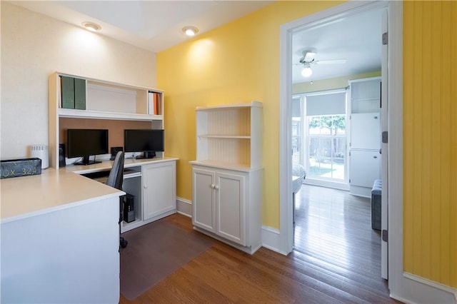 369 Vine St, Pawtucket, RI 02861 - kitchen featuring dark wood-style flooring, ceiling fan, a desk, light countertops, and white cabinets
