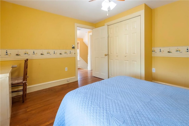 369 Vine St, Pawtucket, RI 02861 - bedroom featuring wood finished floors, a closet, baseboards, and ceiling fan